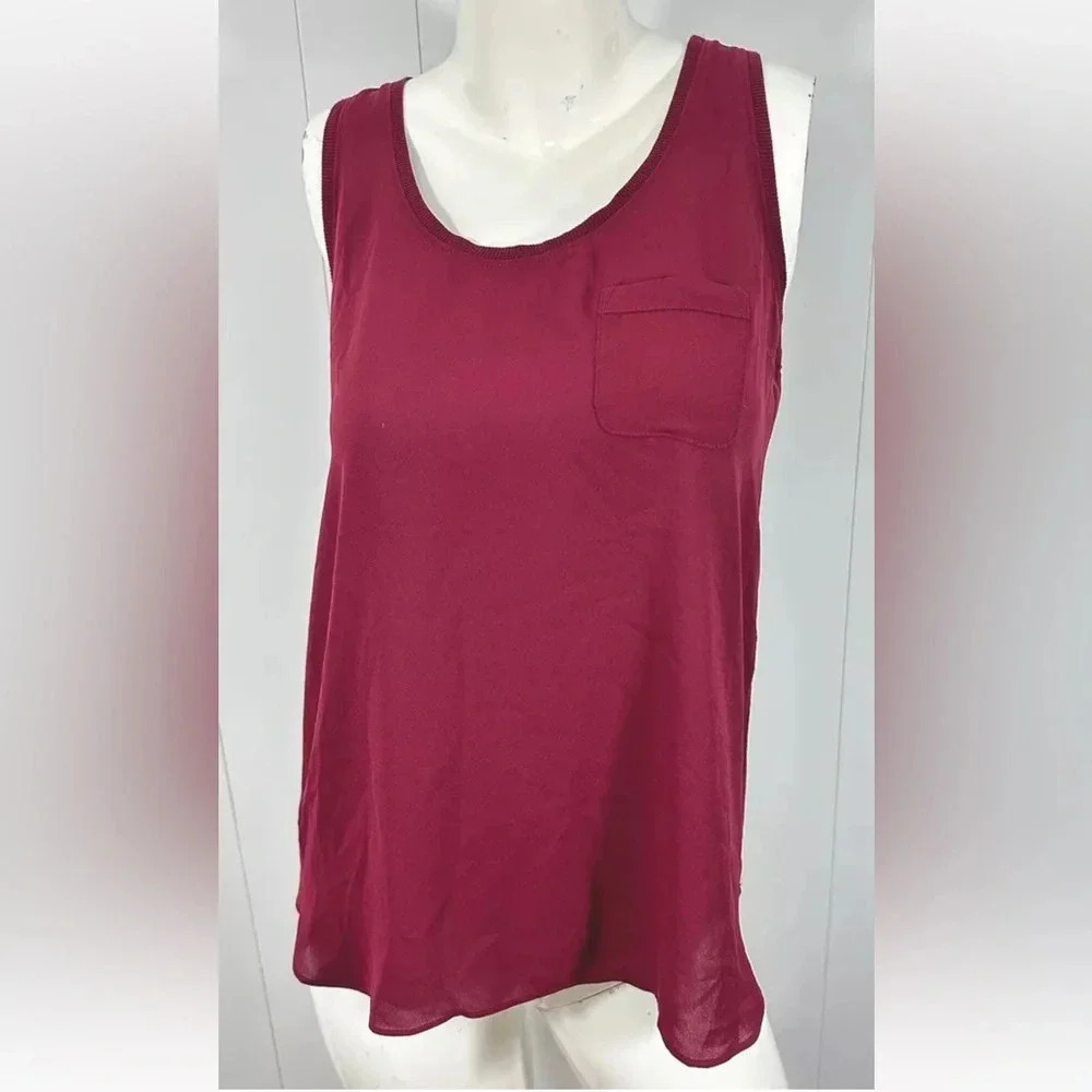 Ann Taylor Loft Red Burgundy Chiffon Front Pocket Sleeveless Top Tank Shirt Sz S